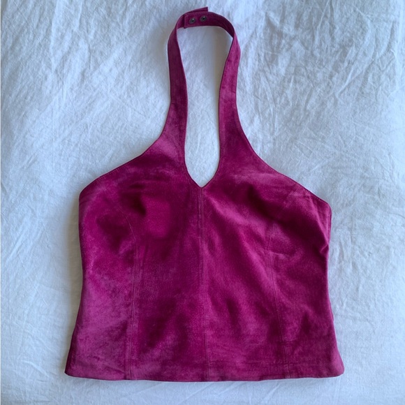 Vintage Cache Suede Leather Halter V Neck Bustier Corset Top Magenta Purple Pink